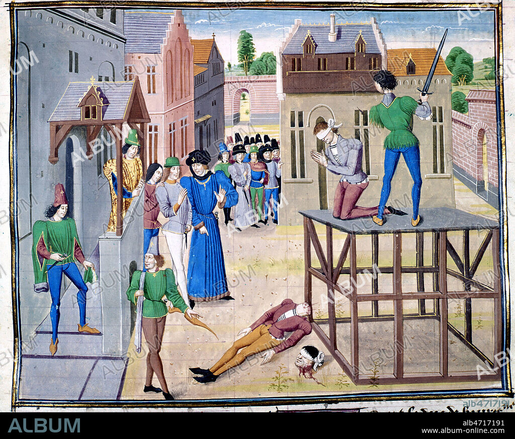 Repression de la jacquerie, homme decapite par le bourreau. miniature in Chroniques de Froissart. Moyen age, milieu 15eme siecle, (15e XVe siecle )Manuscrit medieval conserve a la Bibliotheque de l'Arsenal. ms 5188 f°1. Credit Collection JEAN VIGNE/ KHARBINE TAPABOR.