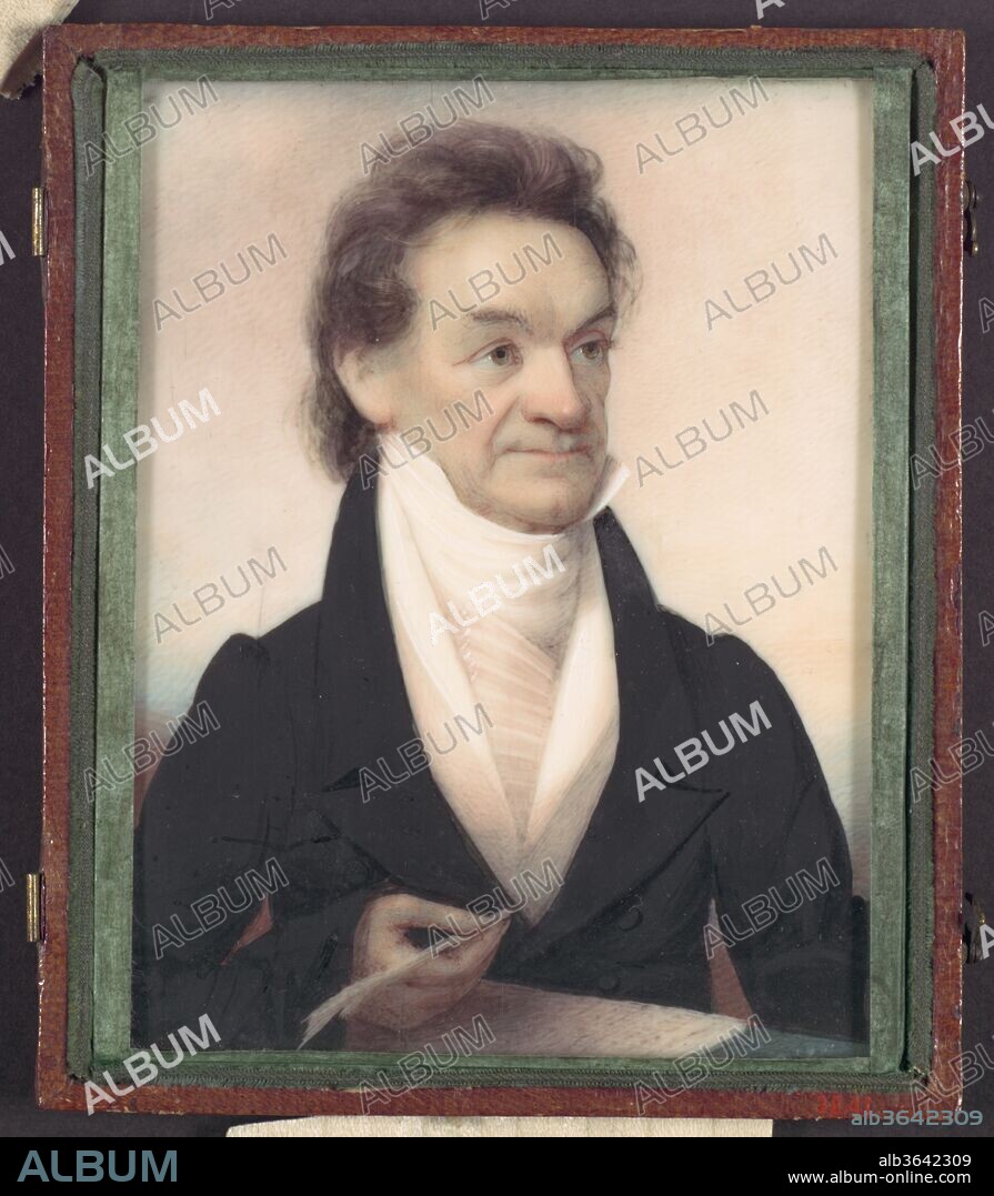 Edward Livingston. Artist: Anson Dickinson (1779-1852). Dimensions: 4 1/8 x 3 1/4 in. (10.5 x 8.3 cm). Date: ca. 1827.
Dickinson began his painting career in New Haven and in 1804 moved to New York, which would remain his home base during a somewhat peripatetic career. Edward Livingston (1764-1836) sat for Dickinson on February 3, 1827, in Washington, D.C., as is recorded in the artist's daybook. The youngest of Robert R. Livingston and Margaret Beekman's nine children, Edward is often referred to as "the jurist" to distinguish him from others of the same name in his extended and prolific family. The sobriquet also recalls Livingston's great skill and intellect as a lawyer, despite rough times in his political career. Livingston's joint term as U.S. District Attorney for New York and mayor (1801-4) ended in scandal; he began again, although encumbered with debt and charges against him, in New Orleans. By the time he sat for this portrait, he had been redeemed as a close friend of President Andrew Jackson and a Louisiana state senator. Though in self-exile from New York, Livingston remained in close contact with the city his entire life.
