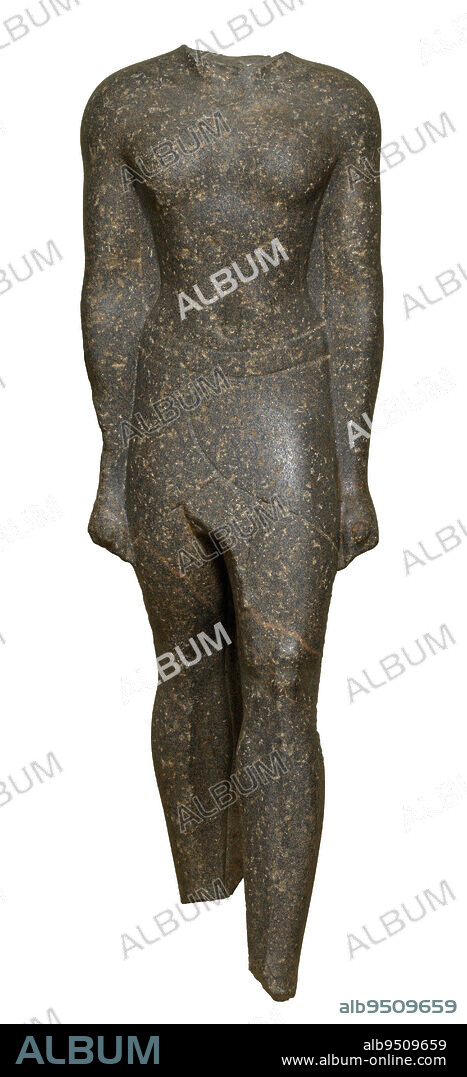 Striding figure, 300-30 BCE, 57 x 18 1/2 x 17 1/2 in. (144.8 x 47.0 x 44.5 cm), Granodiorite, Egypt, 3rd-1st century BCE, The unknown subject of this sculpture is shown in the traditional striding pose for menleft foot forward, arms at the sides, fist clenchedthat was already 3000 years old when this statue was made. The softened musculature and curving contours allow us to date it to the Ptolemaic Dynasty (30030 BCE), when Egypt was ruled by the descendants of Alexander the Greats general Ptolemy, though the hieroglyphic inscription by the extended left leg mentions the Roman Emperor Commodus (reigned 180192 CE). By the time of Commoduss reign, Egypt was part of the Roman Empire, and he wished to represent himself to his Egyptian subjects in a manner they recognizedeven if it meant usurping the statue of another person from another time.