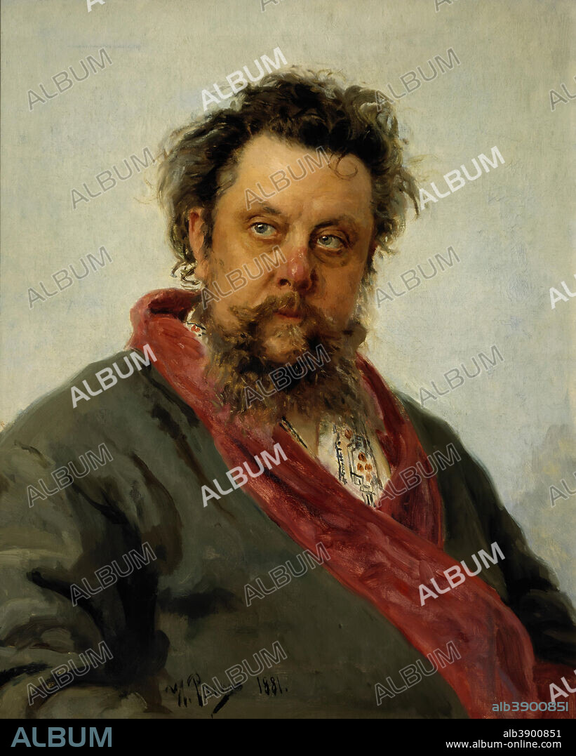 ILYA REPIN. Portrait of M. P. Musorgsky. Date/Period: 1881. Painting. Oil on canvas. Height: 69 cm (27.1 in); Width: 57 cm (22.4 in).
