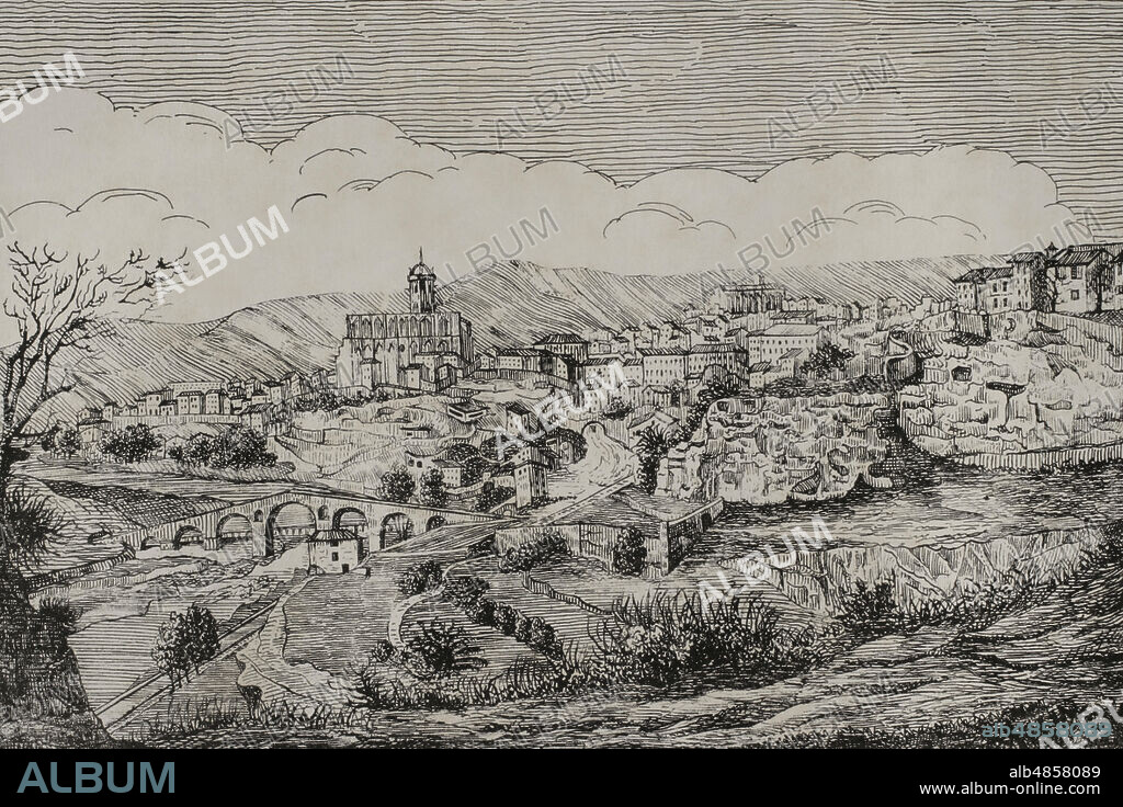 España. Cataluña. Vista general de la ciudad de Manresa. Contexto histórico de la Guerra de Independencia Española (1808-1814). Historia del Levantamiento, Guerra y Revolución de España, por el Conde de Toreno. Madrid,1851.