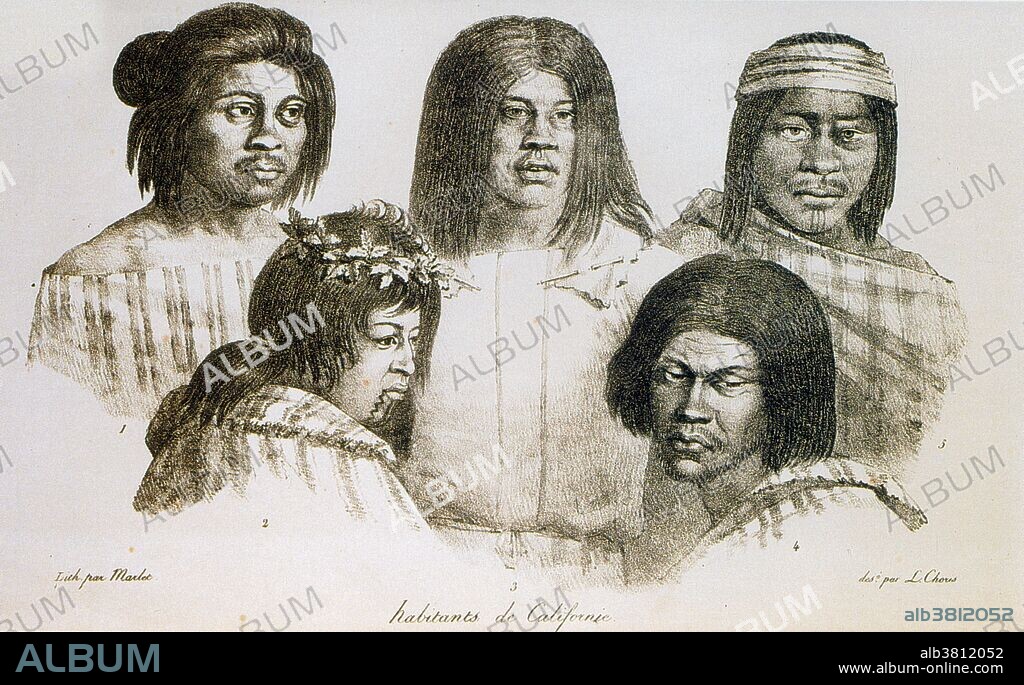 Lithograph after a watercolor by Louis Choris, depicting a group of northern California Indian neophytes, probably Costanoans and Coast Miworks, at a Spanish mission in San Francisco. 1822.