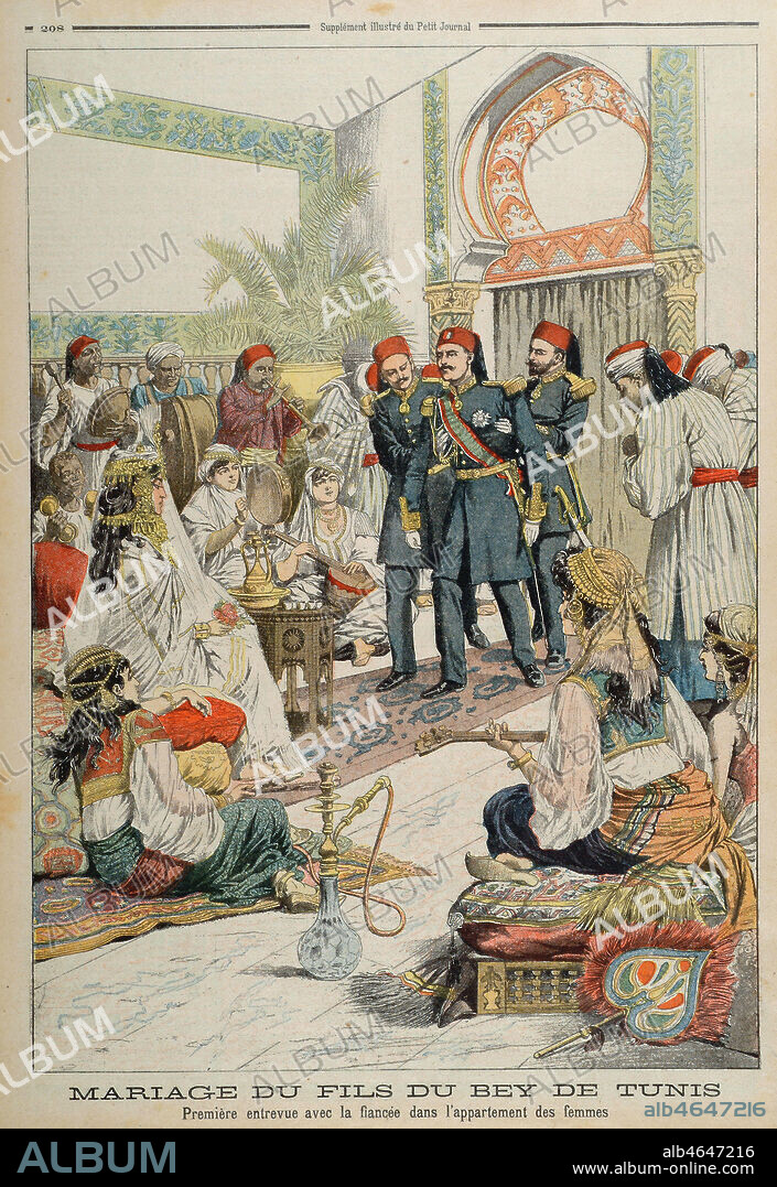 'Mariage du fils du bey de Tunis - Premiere entrevue avec la fiancee dans l'appartemenmt des femmes'. Les ceremonies du mariage du prince Sidi-Bechir-Bey viennent d'avoir lieu au palais de Kassar-Said en Tunisie. Illustration de presse (chromotypographie) dans Le Petit Journal (28/06/1903). Credit : Collection Kharbine-Tapabor.