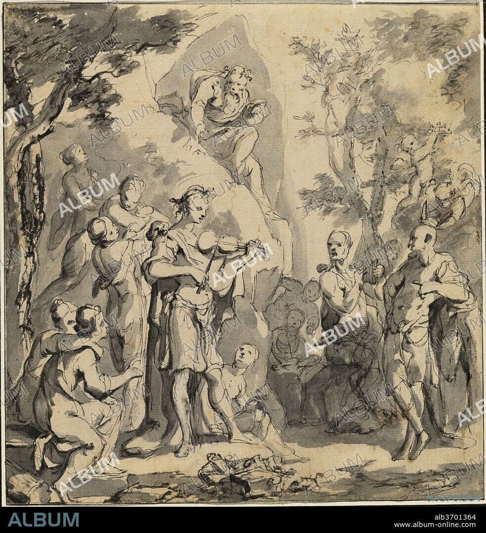JOHANN SPILLENBERGER. The Contest between Apollo and Pan before King Midas. Dated: c. 1670. Dimensions: sheet: 21 x 20 cm (8 1/4 x 7 7/8 in.). Medium: pen and gray ink with gray wash on laid paper.