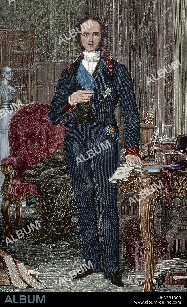 PALMERSTON, Henry John Temple, tercer vizconde de (Londres,1784-Brocket Hall,1865). Político británico. Fue ministro de la Guerra entre 1809 y 1828, ministro de Exteriores (1830-1841 y 1846-1851); primer ministro (1855-1858 y de 1859 hasta su muerte). Grabado del siglo XIX. Coloreado.