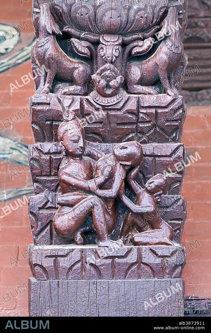 Erotic wood carvings at Bachhareshwari temple, Pashupatinath temple complex, Kathmandu, Nepal, Asia.