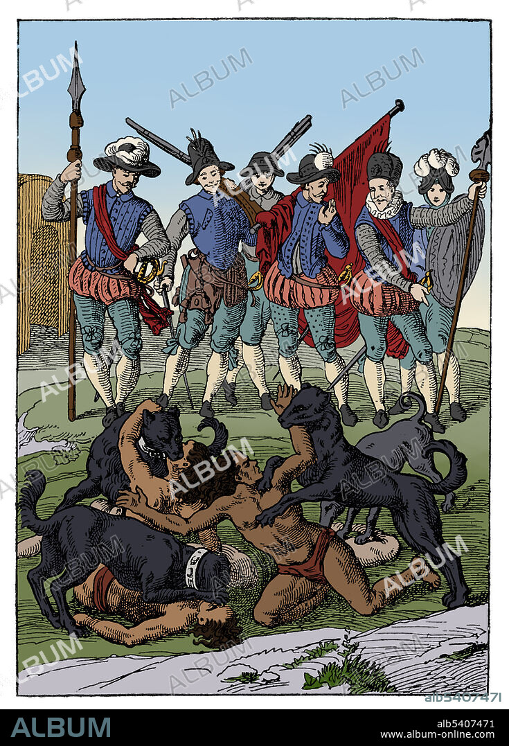 War dogs had been taught to attack the enemy since antiquity, but the numbers brought to and then bred in the New World far exceed what is known about any other military use of attack dogs. Armored hounds were set loose on the naked New World natives. Acts of brutality in the Caribbean and the systematic annihilation the native population prompted Dominican friar Bartolomé de las Casas to write "A Short Account of the Destruction of the Indies" in 1552. Las Casas wrote about conquistadors training dogs to attack and kill natives: "The Spaniards train their fierce dogs to attack, kill and tear to pieces the Indians... The Spaniards keep alive their dogs' appetite for human beings in this way. They have Indians brought to them in chains, then unleash the dogs. The Indians come meekly down the roads and are killed. And the Spaniards have butcher shops where the corpses of Indians are hung up, on display, and someone will come in and say, more or less, "Give me a quarter of that rascal hanging there, to feed my dogs until I can kill another one for them." 16th century engraving credited to Theodor de Bry.