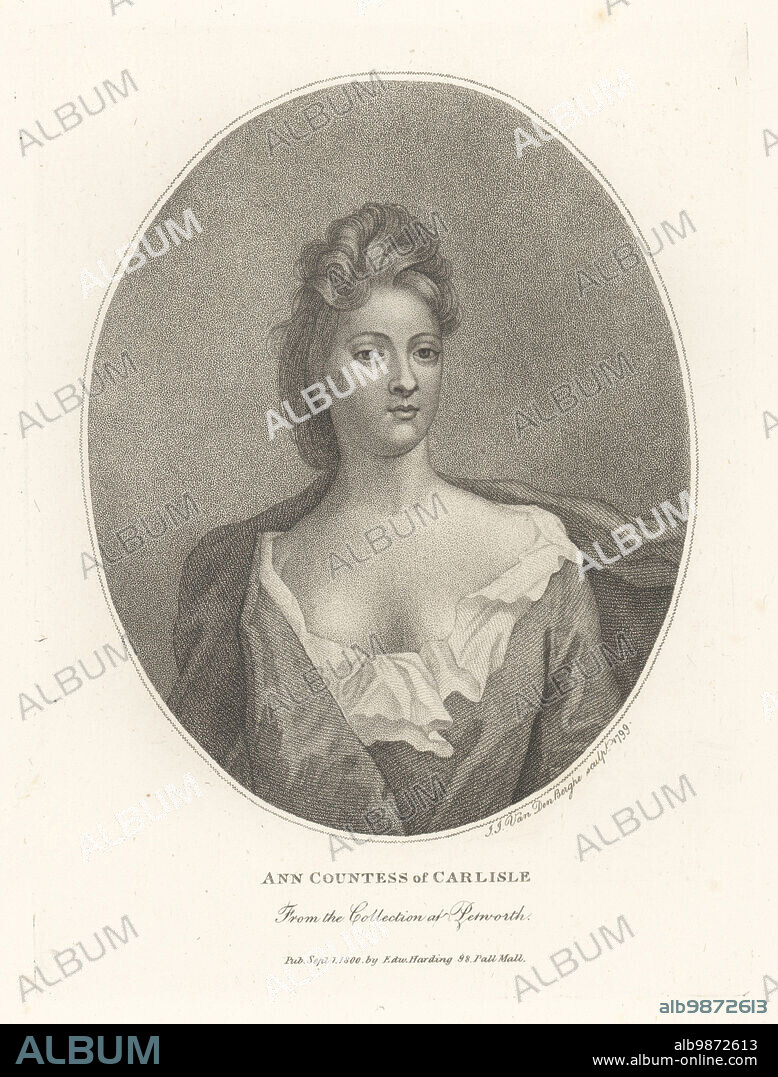 Anne Howard, Countess of Carlisle, 1674-1752. Wife of Charles Howard, 3rd Earl of Carlisle; daughter of Arthur Capell, 1st Earl of Essex. Ann, Countess of Carlisle. From the Petworth Beauties collection at Petworth House, West Sussex. Copperplate engraving by Ignatius Joseph van den Berghe after Michael Dahl from John Adolphus The British Cabinet, containing Portraits of Illustrious Personages, printed by T. Bensley for E. Harding, 98 Pall Mall, London, 1800.