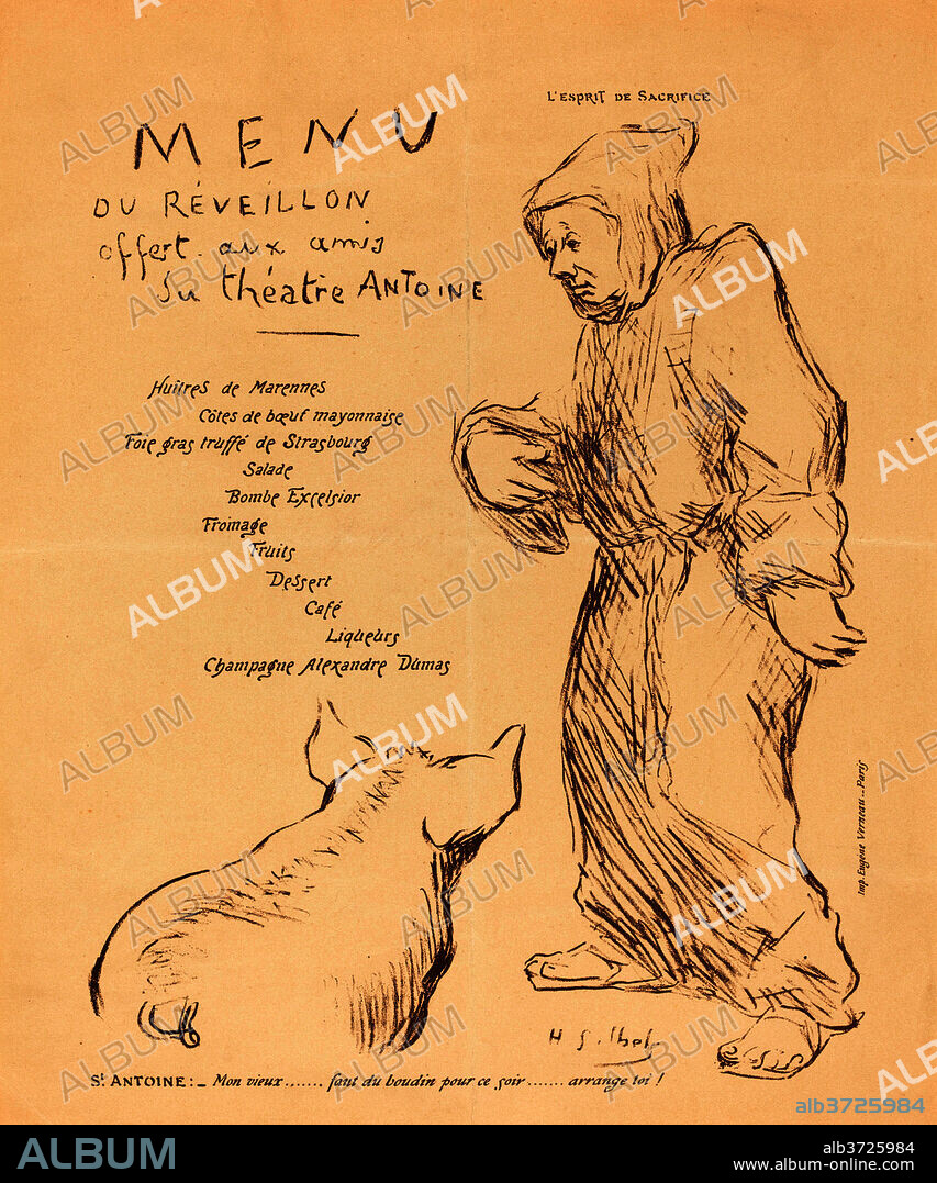 HENRI-GABRIEL IBELS. Menu du réveillon offert aux amis du Théâtre Antoine. Dated: late 1890s. Dimensions: sheet: 29.7 x 23 cm (11 11/16 x 9 1/16 in.). Medium: lithograph in brown on wove paper.