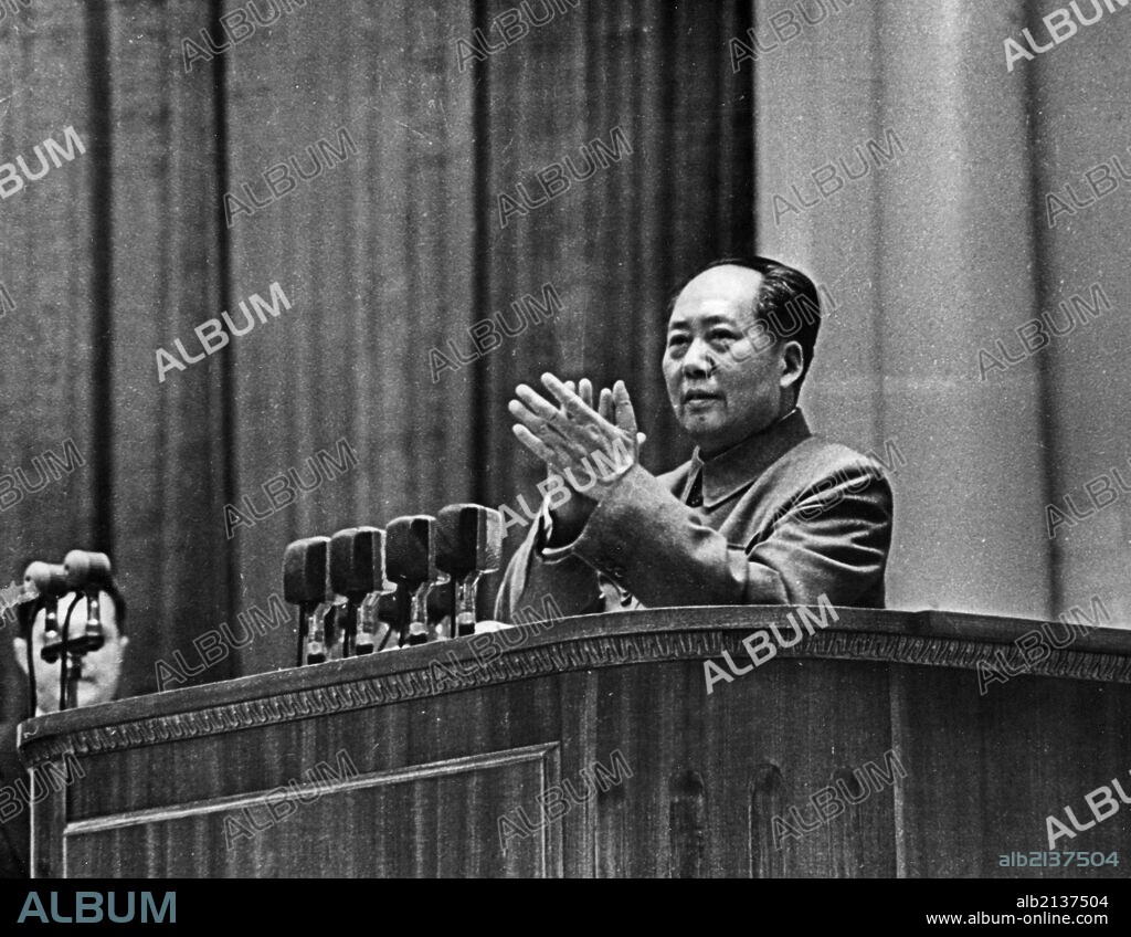Mao tse-tung (zedong), chairman of the people's republic of china, speaking at the jubilee session of the ussr supreme soviet dedicated to the 40th anniversary of the october revolution, moscow, 1957.
