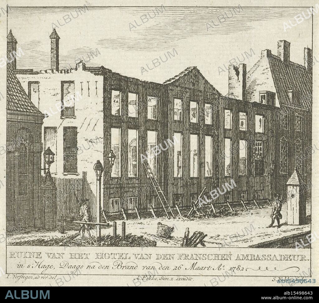 Amsterdam, Fokke Simonsz., Arend, Versteegen, Jacobus, Fokke, Simon, Illustrations of Dutch history, Ruins of the Hotel of the French Ambassador, in The Hague, The day after the fire of 26 March 1782, Burnt-out house of the French ambassador in The Hague, 1782, verso - stamped, Illustration from Dutch history. View of a burnt-out house in a deserted street. Against the facade stands a ladder, in front of the house two guards patrol., print, engraving, book illustration, prints, engravings, height 93 mm, width 104 mm, Noord-Nederlands, 1712-09-01 - 1784-04-10, print maker, printmaker, 1782 - 1784, paper, papier, etching, etchings, 1735-11-06 - 1795-10-23, intermediary draughtsman, after a drawing by, Publication (Event), Publication, 1755-07-03 - 1812-11-15, publisher.