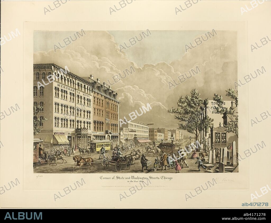 Corner of State and Washington Streets, Chicago, in the Year 1865. Raoul Varin; French, 1865-1943. Date: 1928. Dimensions: 373 × 535 mm (image); 446 × 592 mm (plate); 540 × 710 mm (sheet). Aquatint and etching in brown, with hand-coloring, on cream wove paper. Origin: France.