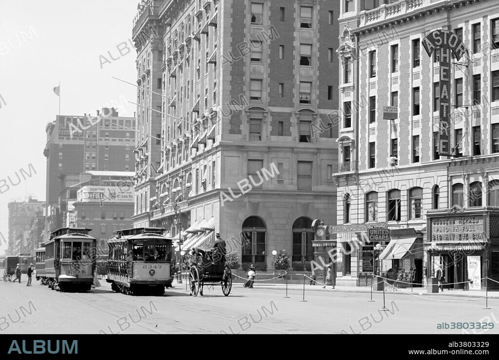 The Astor Theatre was a Broadway theatre from 1906 to 1925. It was located at 1537 Broadway, at West 45th Street and designed by architect George W. Keister. It was first managed by Lincoln Wagenhals and Collin Kemper, then by George M. Cohan and Sam Harris, and later by the Shuberts. From 1925 to 1972 it was a movie theater. The Astor was demolished in 1982 to make way for the Marriott Marquis Hotel. Photographed by the Detroit Publishing Company, 1900-15.