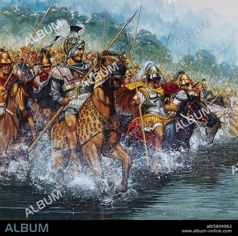 Alexander the Great; 356-323 BC. - The Battle at the Granicus, May. 334 BC (Alexander's victory over the Persians). Alexander crosses the Granicus at the head of his cavalry to attack the Persians who had formed up on the opposite bank. Watercolour, undated, by Peter Connolly. (1935-2012).