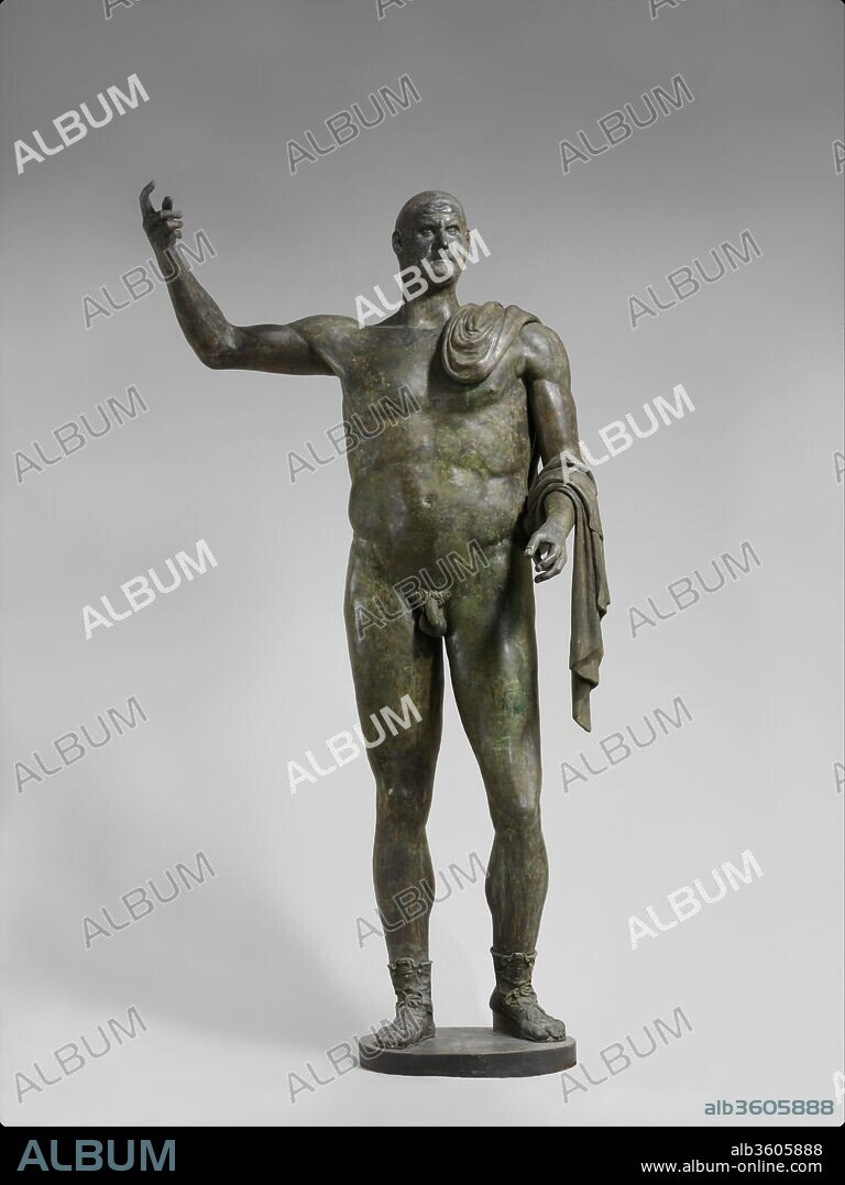 Bronze statue of the emperor Trebonianus Gallus. Culture: Roman. Dimensions: H. 95 in. (241.3 cm). Date: A.D. 251-253.
This bronze monumental statue is one of the very few nearly complete Roman bronze statues of the third century preserved today. It is a reminder that many of the disembodied portrait heads displayed in these galleries were once attached to freestanding sculptures, whose original appearances were undoubtedly quite different. Portraits of the emperor served the highly important function in imperial propaganda of presenting the ruler to the public and of projecting the personality with which he wished to be perceived. Leadership and military strength are evoked in the heroic nudity of the figure and in the pose, which recalls the famous statue of Alexander the Great with the Lance by Lysippos. In contrast to the idealized body, the portrait head represents the emperor with brutish realism. Trebonianus likely would have cradled a parazonium, or short sword, in his left arm, and held a spear in his upraised right hand.
 The statue has undergone several campaigns of restoration since its discovery in the early nineteenth century and was examined in great detail as part of the conservation treatment in preparation for its display here. Visual examination inside and out, combined with x-radiography, made possible the clear identification of ancient and restored areas, which are indicated in the accompanying illustration. At least three-quarters of the statue is ancient. Despite the discrepancy in scale, the head belongs to the body. Although the mantle draped over his left shoulder is a modern restoration, cast edges beneath it confirm that the statue had a similar embellishment in antiquity. The left foot with its elaborately decorated open-fronted boot appears to be ancient but may not belong.