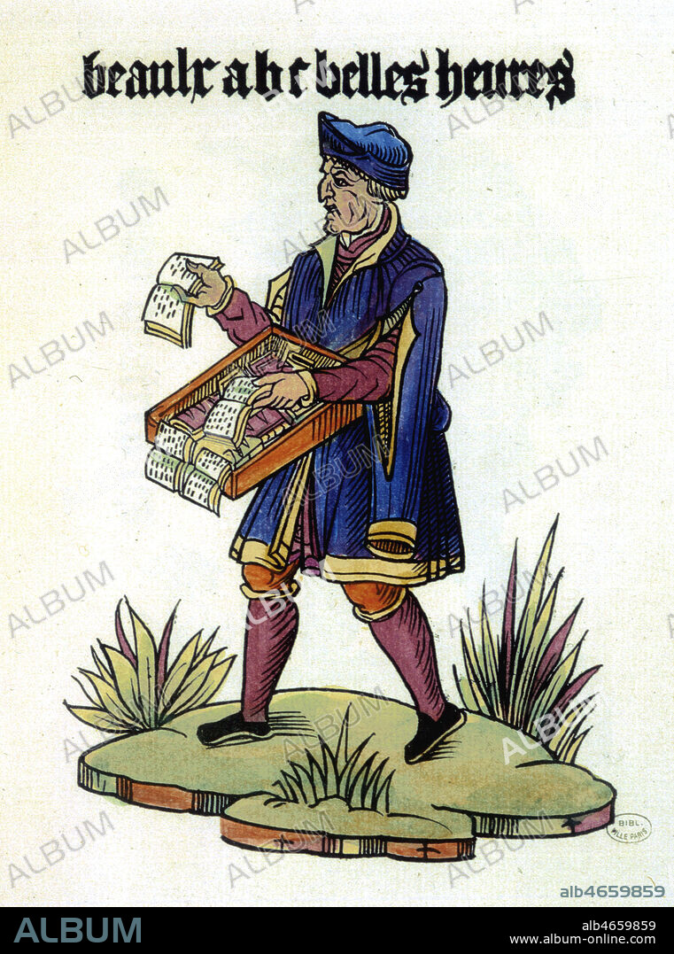 ' Beaux A B C Belles Heures' Colporteur d'images. Gravure 16eme siecle. Cris de Paris, metiers des rues, voir la serie... Credit Collection KO-Grob/ Kharbine Tapabor.