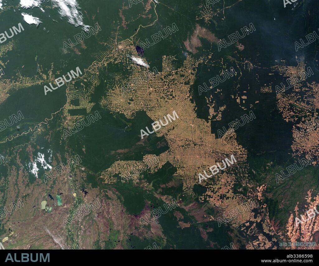 Deforestation of the Amazon rainforest at Rondonia, Brazil. In this image, intact forest is deep green, while cleared areas are tan (bare ground) or light green (crops, pasture, or occasionally, second-growth forest). The fish bone pattern of small clearings along new roads is the beginning of one of the common deforestation trajectories in the Amazon.), the remaining forest cover continues to dwindle. The Amazon rainforest represents over half of the planet's remaining rainforests.