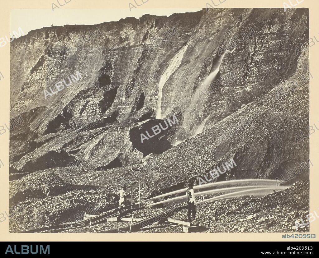 ANDREW JOSEPH RUSSELL. Hydraulic Gold Mining, Near Dutch Flats, California, C. P. R. R. Andrew J. Russell; American, 1830-1902. Date: 1868-1869. Dimensions: 15.2 x 20.4 cm (image/paper); 23.2 x 30.3 cm (album page). Albumen print, pl. XXX from the album "Sun Pictures of Rocky Mountain Scenery" (1870). Origin: United States.