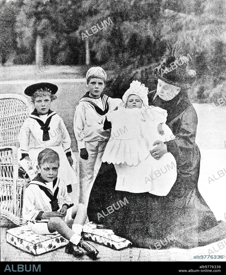 1900. Queen Victoria of England with her Great-Grandchildren the Children of the Dukes of York: Victoria of York, Albert of York, Edward of York and Henry of York.