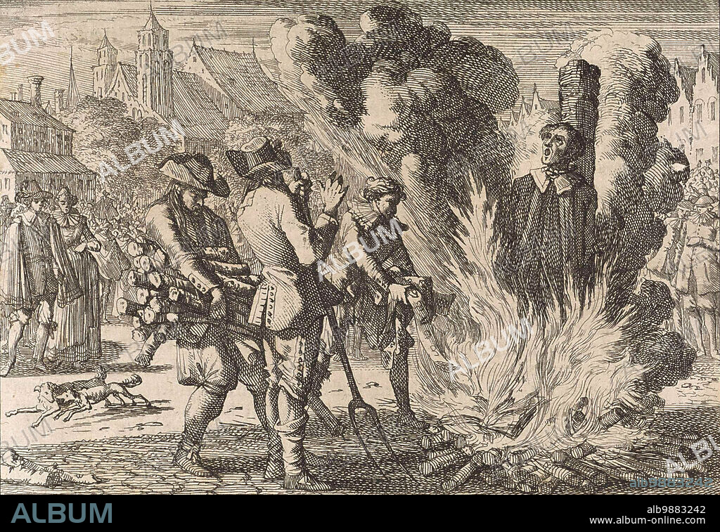 Urbain Grandier in Loudun being burnt alive for witchcraft, 1634, Urbain Grandier (1590 - 18 August 1634) was a French Catholic priest who was convicted of witchcraft and burnt at the stake in the affair concerning the so-called Devils of Loudun, Historical, digitally restored reproduction from an 18th or 19th century original.