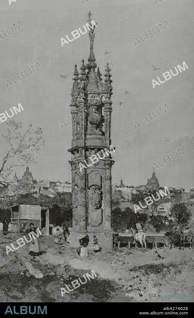 BERNARDO RICO (1825-1894). SPANISH ENGRAVER.. España. Madrid. Entrada del Puente de Toledo sobre el río Manzanares. Estilo barroco churrigueresco. Fue construido por el arquitecto Pedro de Ribera, comenzando las obras en 1719 y concluyendo en 1732. Grabado por Rico a partir de un cuadro de Martín Rico y Ortega (1833-1908). La Ilustración Española y Americana, 8 de Junio de 1882.