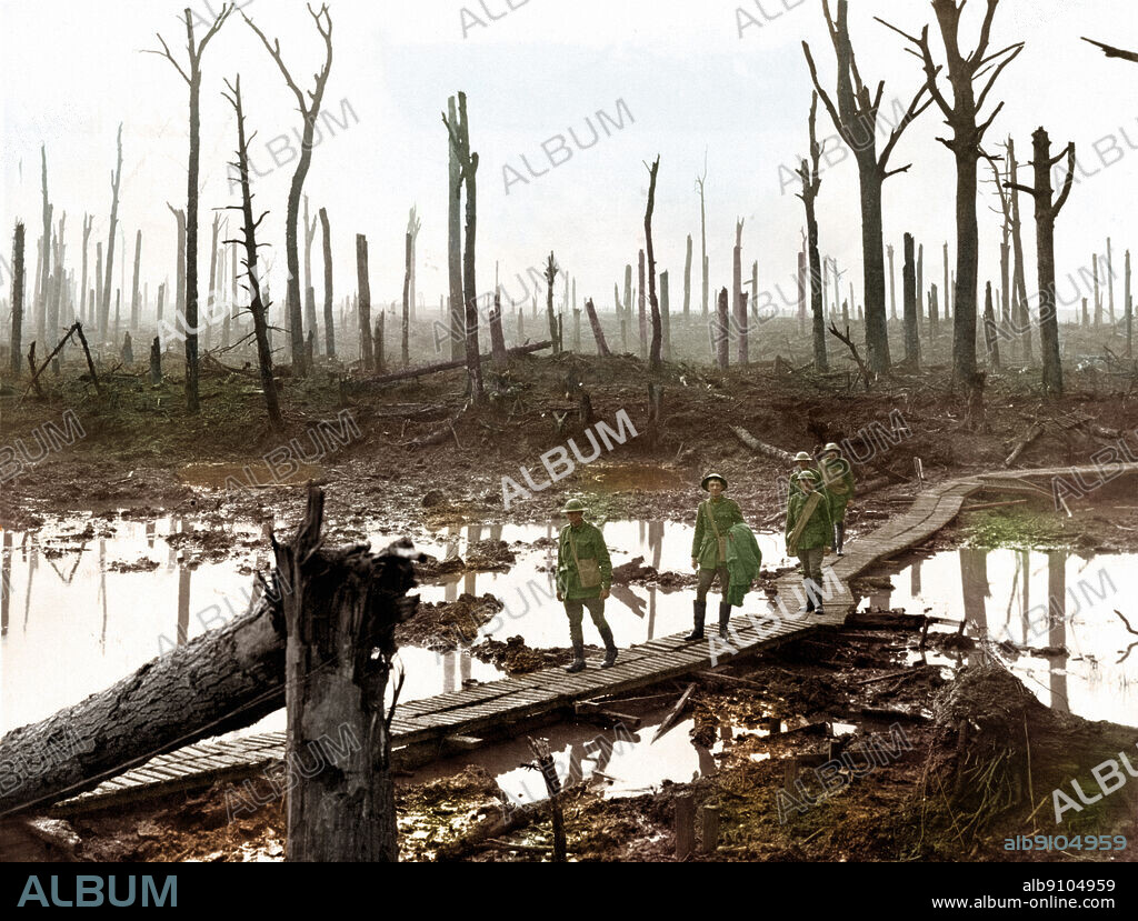 The Third Battle of Ypres 1917, known popularly at passchendaele: Australian troops over a duckboard track at Chateau Wood Colourised photograph.