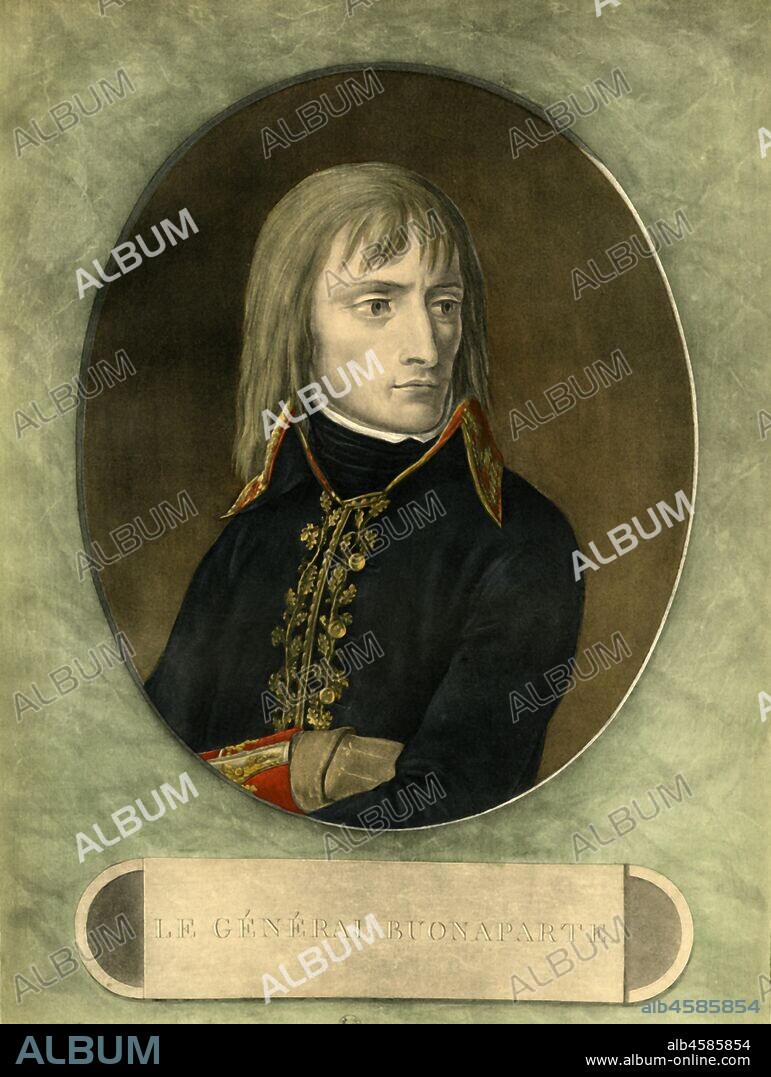 General Bonaparte, 1798, (1921). 'Le Général Bonaparte', Portrait of Napoleon Bonaparte (1769-1821) when he was in Commander-in-Chief of the Army of Italy, (part of the French army). He conquered the Italian Peninsula in a year. Engraving by Pierre Michel Alix after a painting by Andrea Appiani. From "Napoleon", by Raymond Guyot. [H. Floury, Paris, 1921].