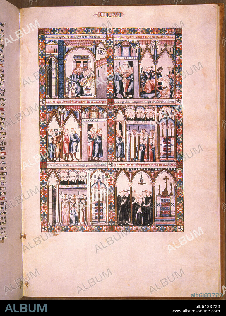 ALFONSO X OF CASTILE THE WISE. MTI1 - CANTIGA DE SANTA MARIA Nº 156 - F212R - VIRGEN HACE CRECER A UN CLERIGO SU LENGUA CORTADA - SIGLO XIII.