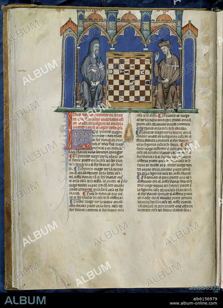 ALFONSO X OF CASTILE THE WISE. LIBRO DE JUEGOS O LIBRO DEL AJEDREZ DADOS Y TABLAS - 1283 - FOLIO 25V - FRAILES HOSPITALARIOS DE LA ORDEN DE SAN JUAN DE JERUSALEN JUGANDO AL AJEDREZ.