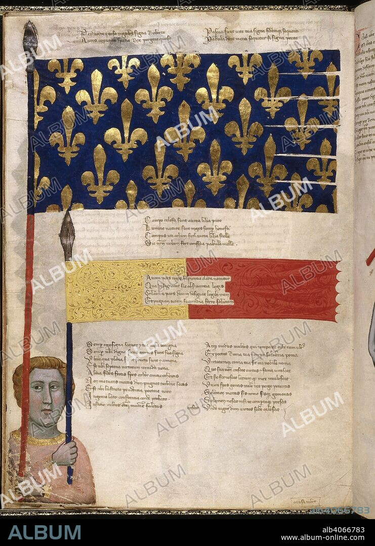 Miniature of two banners, of Anjou (fleur-de-lys on blue ground) and another in yellow and red, kept by a young man. Address in verse to Robert of Anjou, King of Naples, from the town of Prato in Tuscany (the 'Regia Carmina'). Italy, Central (Tuscany); c. 1335-c. 1340. Source: Royal 6 E. IX, f.23v. Language: Latin.