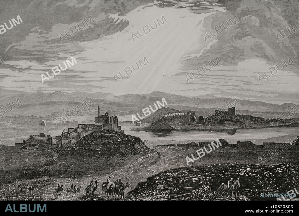 Antigua Mesopotamia. Nínive (cerca de la actual Mosul en Irak). Panorámica de la ciudad junto al río Tigris. Grabado por Aubert. "La Tierra Santa y los lugares recorridos por los profetas, por los apóstoles y por los cruzados". Publicada en Barcelona, imprenta de Joaquín Verdaguer, 1840.