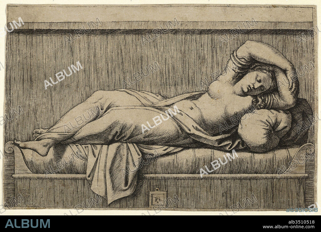 Drawings and Prints, Print, Cleopatra lying partly naked on a bed, Artist, After, Marcantonio Raimondi, Raphael (Raffaello Sanzio or Santi), Italian, Argini (?) ca. 1480–before 1534 Bologna (?), Italian, Urbino 1483–1520 Rome, Raimondi, Marcantonio, Raphael (Raffaello Sanzio or Santi), Italian, 1475, 1483, 1534, 1520, ca. 1515–27, 1510.