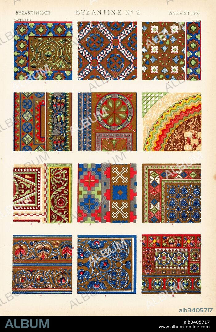 Painted Byzantine ornaments. From C6th mosaics and marble pavements in Sta. Sofia, Constantinople 1-6, 8-9, 10-11, marble pavement in Agios Pantokrator 7, illuminated Greek manuscript 12-17, from St. Mark's Venice 18,24, Greek manuscripts 19-23, enamels 26-29, marble pavement St. Denis 30. Chromolithograph by Francis Bedford from Owen Jones' The Grammar of Ornament, Quaritch, London, 1868.