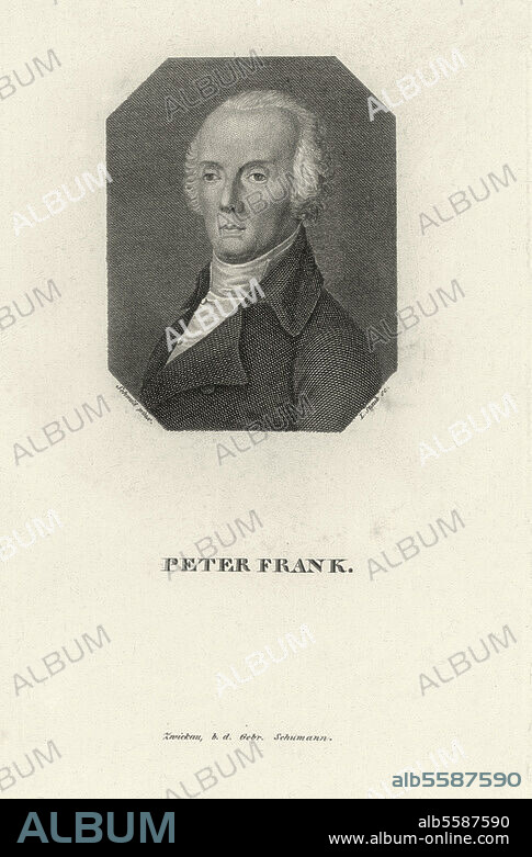 Johann Peter Frank, physician, Rodalben near Pirmasens 19.3.1745 - Vienna, 24.4.1821. Portrait. Copper engraving by Leonhard Staub (around 1800-1826) after the contemporary portrait of Schmid. 7.9 × 6.1 cm. Berlin, Sammlung Archiv für Kunst und Geschichte.