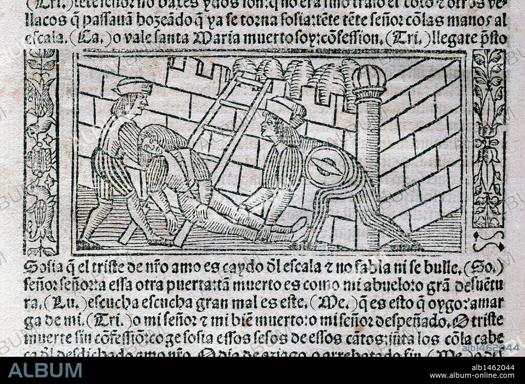 The Celestina or Tragicomedy of Calisto and Melibea (1499). By Fernando de Rojas (ca.1465-1541). Engraving depicting a scene of the work. Edition printed in Burgos, Spain, 1531. Library of Catalonia. Barcelona. Catalonia. Spain.