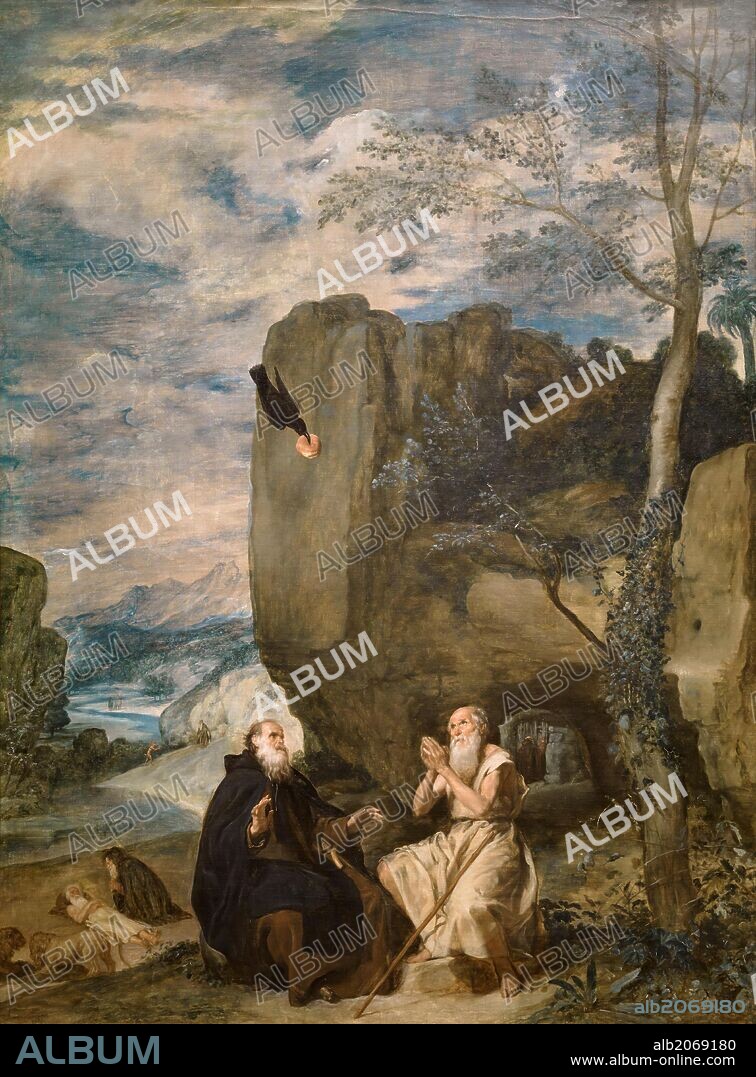 DIEGO VELÁZQUEZ. Diego Rodríguez de Silva y Velázquez / 'Saint Anthony the Abbot and Saint Paul, the First Hermit', ca.  1634, Spanish School, Oil on canvas, 257 cm x 188 cm, P01169.