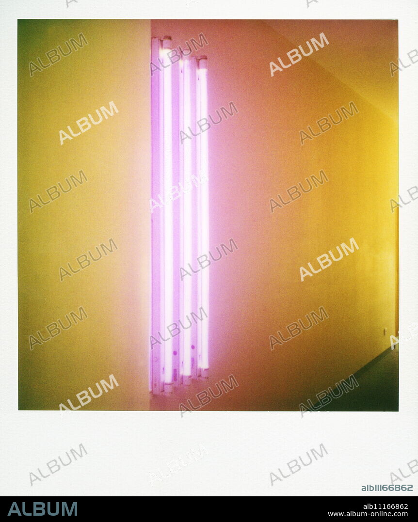 Polaroid of colourful stripes created by coloured fluorescent tubes, Point Hotel, Edinburgh, Scotland, United Kingdom, Europe.