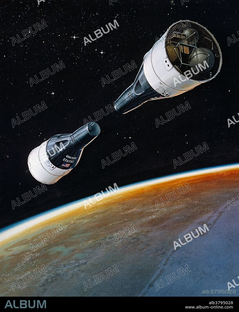 Artist's concept depicting the approximate positions which the Gemini 6 and 7 spacecrafts will be oriented at the terminal phase of the proposed rendezvous mission. Rendezvous was first successfully accomplished by US astronaut Wally Schirra on December 15, 1965. Schirra maneuvered the Gemini 6 spacecraft within 1 foot of its sister craft Gemini 7. The spacecraft were not equipped to dock with each other, but maintained station-keeping for more than 20 minutes.