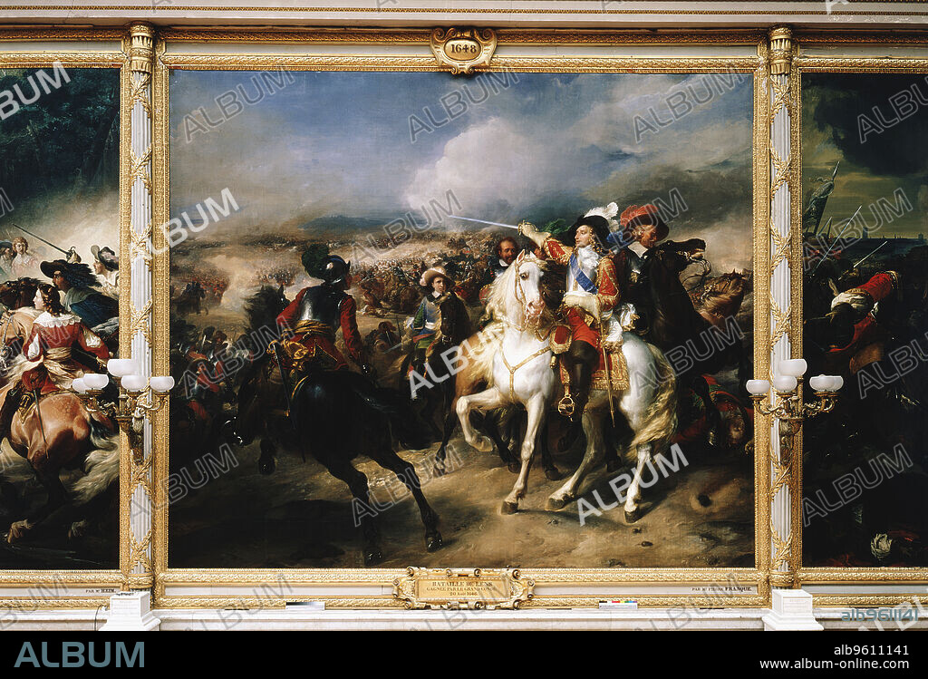 PIERRE FRANQUE. 'Battle of Lens', 28 August 1648 (19th century). Depiction of the Battle of Lens, the final large-scale engagement of the Thirty Years War. Fought between the armies of France and Spain, the French commanded by Louis II de Bourbon, Prince de Conde (1621-1686), the figure mounted on the white horse, emerged victorious.