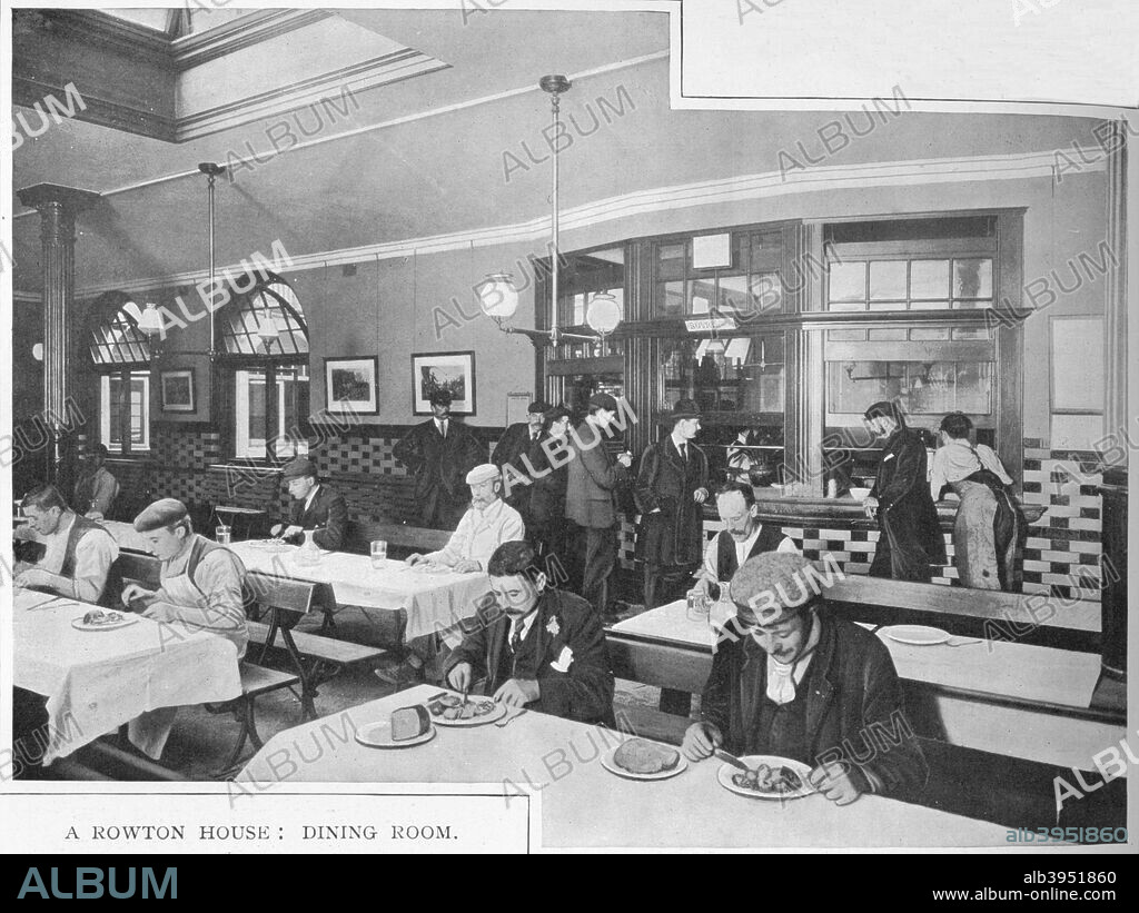 Dining room in a Rowton House, Hammersmith, London, c1902 (1903). Rowton Houses were a chain of hostels built in London by Lord Rowton (1838-1903) to provide accommodation for working men in place of the squalid lodging houses of the time. The Hammersmith Rowton house opened in 1897. From Living London, Vol. III, by George R. Sims. [Cassell and Company, Limited, London, Paris, New York & Melbourne, 1903].