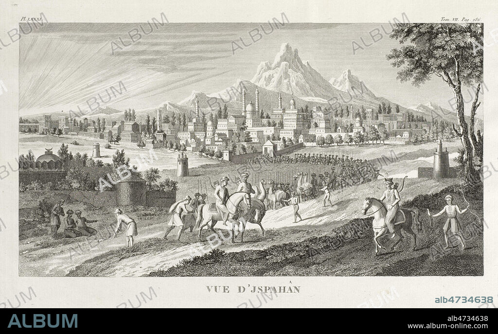'Vue d'Ispahan'. Gravure tire d'un ouvrage de Jean CHARDIN (1643-1713), vers 1675 (17e, 17eme, XVIIe s.) VOYAGE EN PERSE Cet ouvrage a bcp inspire Montesquieu qui en possedait plusieurs editions 18e pour son ouvrage les LETTRES PERSANES. Credit : Migny/ KHARBINE-TAPABOR.
