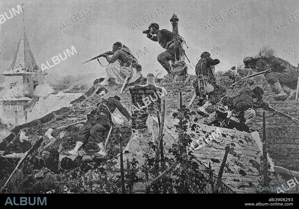 Guerra Franco-Prusiana (1870-1871). Combate sobre tejados. Grabado. Original por Alphonse Marie de Neuville (1835-1885). En Campagne, por Jules Richard. Obra editada en París en 1885. Biblioteca Histórico Militar de Barcelona. Cataluña. España.