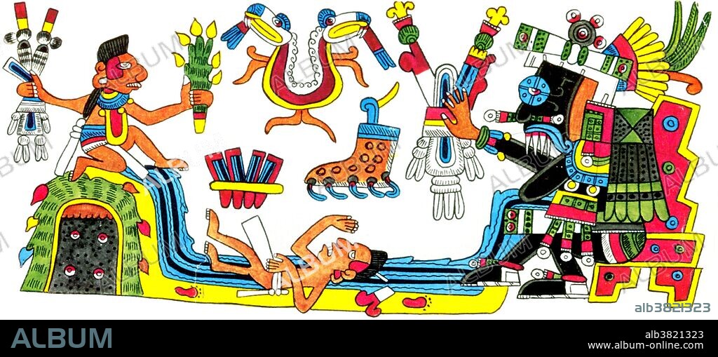 Tlaloc was an important deity in Aztec religion, a god of rain, fertility, and water. He was a beneficent god who gave life and sustenance, but he was also feared for his ability to send hail, thunder and lightning, and for being the lord of the powerful element of water. Tlaloc oversaw the crop growth, especially maize, and the regular cycle of the seasons. To appease this god, the Aztec people would offer up human sacrifices; in Tlaloc's case it was usually children. The Codex Borgia is a Mesoamerican ritual and divinatory manuscript. It is generally believed to have been written before the Spanish conquest of Mexico, somewhere within what is now today southern or western Puebla. The Codex Borgia is a member of, and gives its name to, the Borgia Group of manuscripts. Cardinal Stefano Borgia owned it before it was acquired by the Vatican Library.