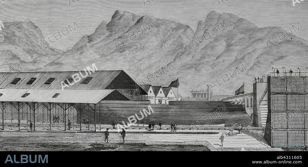 España. Arsenal militar de Cartagena. El nuevo cañonero "General Lezo" en el acto de pasar desde el baradero de Santa Rosalía al dique flotante. Grabado por Vela. La Ilustración Española y Americana, 30 de octubre de 1883.