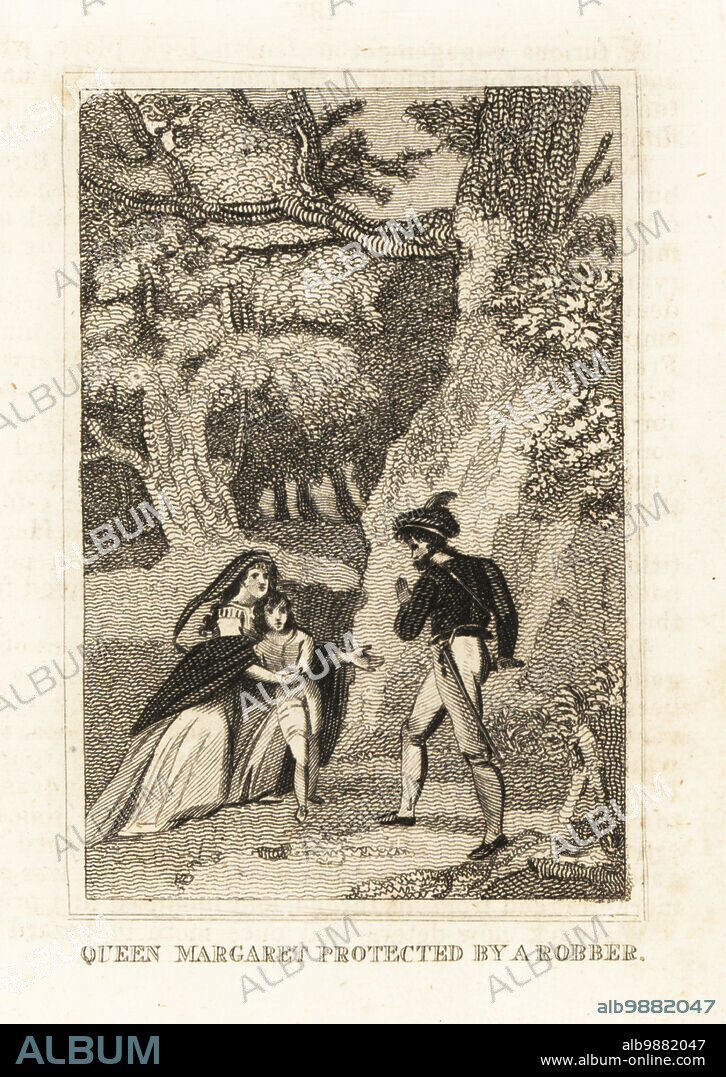 Queen Margaret of Anjou, wife of King Henry VI, and Prince Edward ask protection from a bandit in a forest. Legendary scene after the Battle of Hexham 1464. Queen Margaret protected by a robber. Copperplate engraving from M. A. Jones History of England from Julius Caesar to George IV, G. Virtue, 26 Ivy Lane, London, 1836.