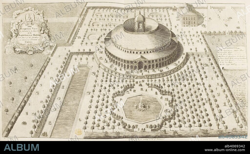 A bird's eye view of the Rotunda in the Ranelagh Gardens in Chelsea, with the garden design into which it was set. Titled in a roccoco cartouche with fountains, an explanation at the right of the design lettered A to H on a scroll. THE Perspective View as Intended to be Finish'd of the Amphitheatrical Building with part of the Garden in which it is Erected at Chelsea. [London] Publish'd June 30th 1742 according to Act of Parliament. 1742. Engraving and etching. Source: Maps K.Top.28.4.t. Language: English.