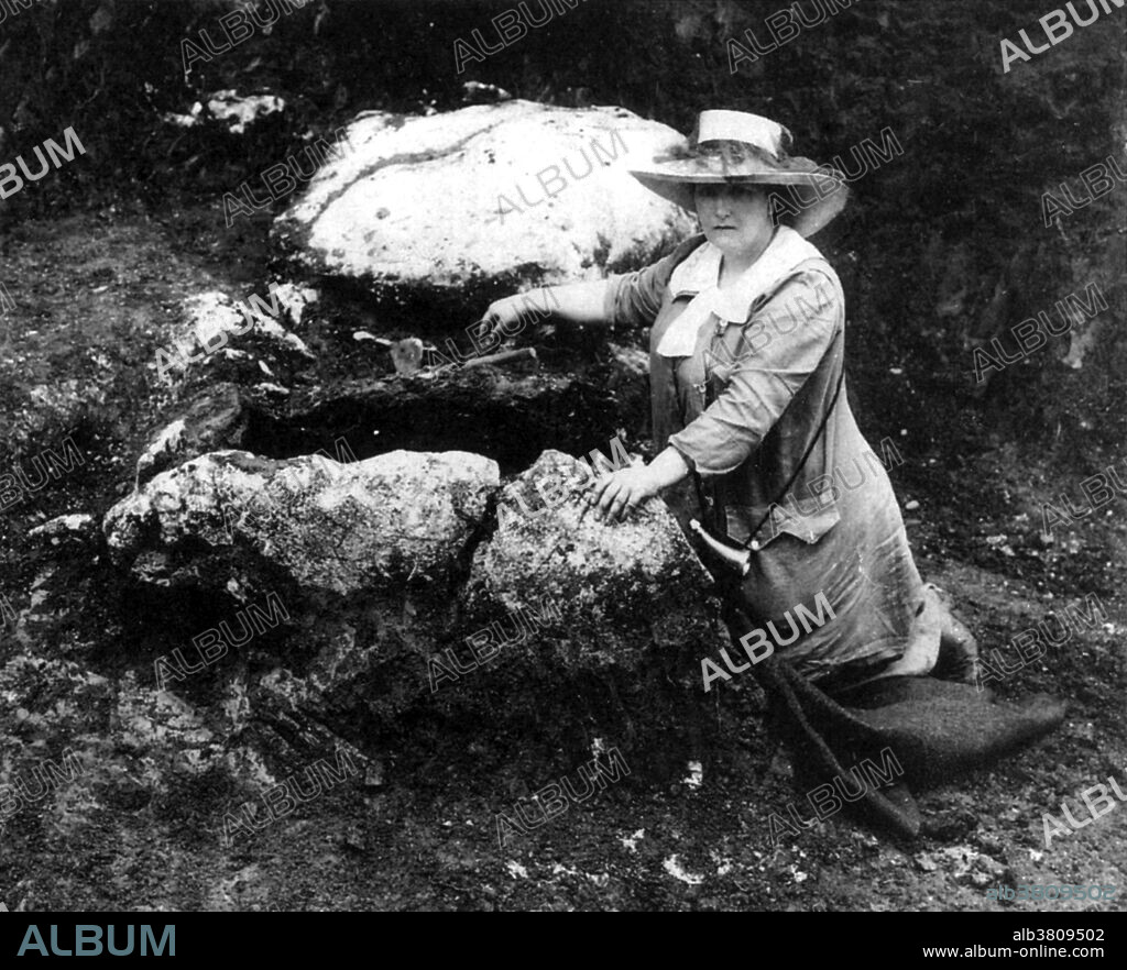 Undated photograph of Duchess Marie at unidentified dig site. Princess Marie of Windisch-Graetz (1856-1929) was a daughter of Hugo, Prince of Windisch-Gratz, and Princess Louise of Mecklenburg-Schwerin. In 1881, she married her first cousin, the German-born Duke Paul Frederick of Mecklenburg. In 1905 she took up the practice of archaeology. She spent a considerable part of her fortune conducting excavations on Iron Age cemeteries at Sticna, Magdalenska gora, and Vinica. She acquired the patronage of Austro-Hungarian Emperor Franz Josef I and German Kaiser Wilhelm II. She became an accomplished fieldworker and an important figure in the archaeology of Central Europe, amassing a collection of over 20,000 artifacts. She died in 1929 at the age of 72 or 73. The Mecklenburg Collection, which was acquired by Harvard's Peabody Museum of Archaeology and Ethnology, is among one of the most important for understanding the development of Iron Age societies in the eastern Alps.