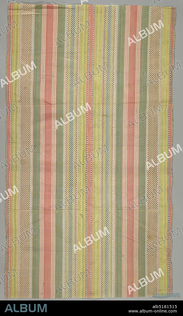 Textile, Medium: silk Technique: predominantly warp-faced plain weave with supplementary warp patterning, Warp stripes of various widths in green, yellow, salmon, pale pink, and white; some with small checks in a contrasting color using blue, yellow and orange supplementary warps., Spain, 17th18th century, woven textiles, Textile.