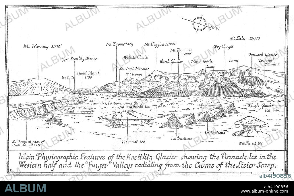 'Main Physiographic Features of the Koettlitz Glacier showing the Pinnacle Ice in the Western half and the Finger Valleys radiating from the Cwms of the Lister Scarp', 1913. From drawings by Edward Pay, showing weathered and 'piecrust ice'. The final expedition of British Antarctic explorer Captain Robert Falcon Scott (1868-1912) left London on 1 June 1910 bound for the South Pole. The Terra Nova Expedition, officially the British Antarctic Expedition (1910-1913), included a geologist, a zoologist, a surgeon, a photographer, an engineer, a ski expert, a meteorologist and a physicist among others. Scott wished to continue the scientific work that he had begun when leading the Discovery Expedition to the Antarctic in 1901-04. He also wanted to be the first to reach the geographic South Pole. Scott, accompanied by Dr Edward Wilson, Captain Lawrence Oates, Lieutenant Henry Bowers and Petty Officer Edgar Evans, reached the Pole on 17 January 1912, only to find that the Norwegian expedition under Amundsen had beaten them to their objective by a month. Delayed by blizzards, and running out of supplies, Scott and the remainder of his team died at the end of March. Their bodies and diaries were found eight months later. From Scott's Last Expedition, Volume II. [Smith, Elder & Co., London, 1913].