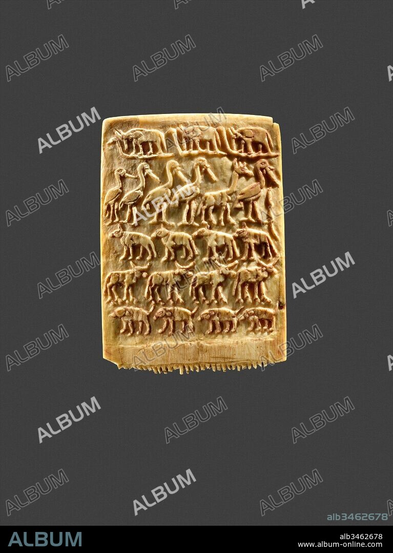 Hair Comb Decorated with Rows of Wild Animals, Predynastic, Late Naqada III, ca. 3200–3100 B.C., From Egypt, Ivory, h. 5.5 cm (2 3/16 in); w. 3.9 cm (1 9/16 in); th. 0.5 cm (3/16 in), Finely carved ivory combs and knife handles produced toward the end of Egypt's prehistory demonstrate the high standards Egyptian artists had achieved, even before the Old Kingdom. This comb may have been part of the funeral equipment of an elite person who lived about 5,200 years ago.